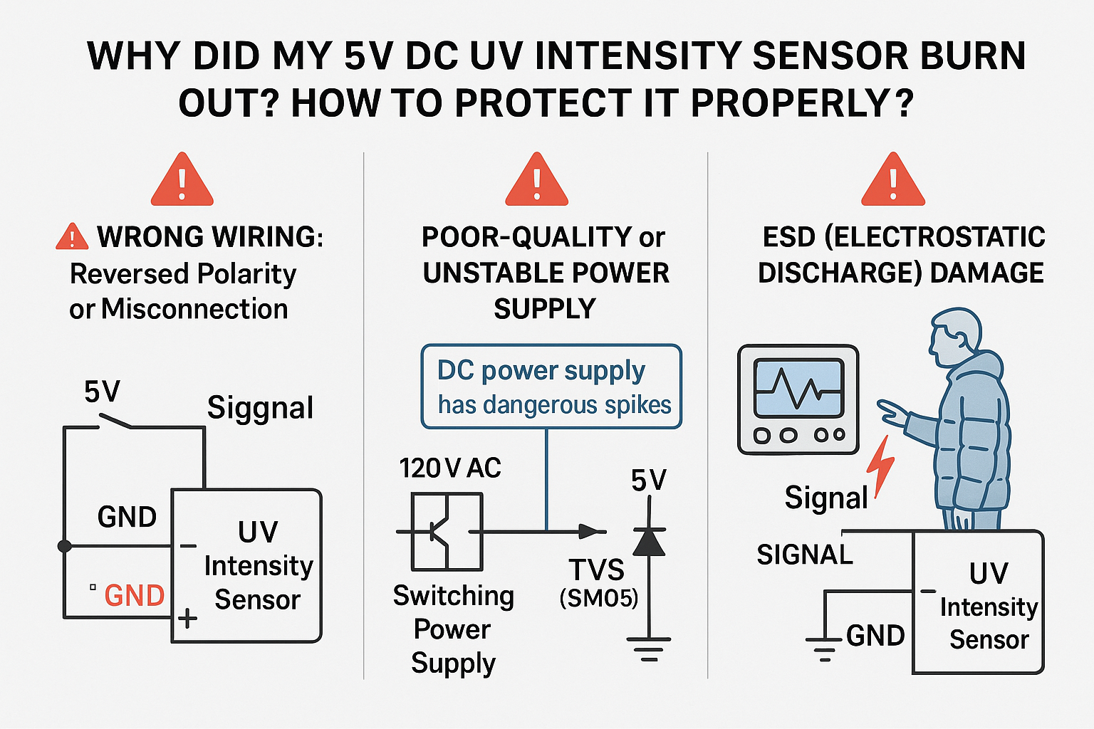APOSUN WHY DID MY 5V DC UV INTENSITY SENSOR BURNOUTHOW TO PROTECT IT PROPERLY